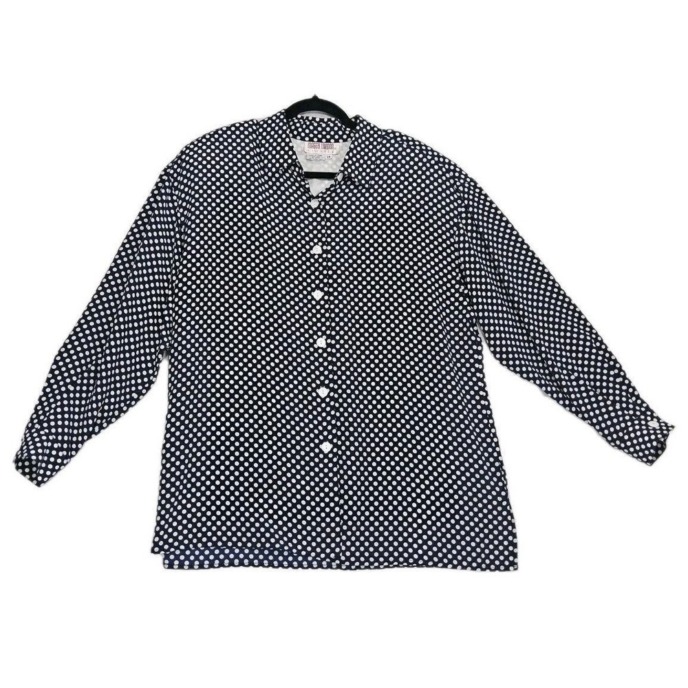Vtg Maggie London Silk Shirt Sz L 14 Blouse Spring Navy Polka Dot Nautical White